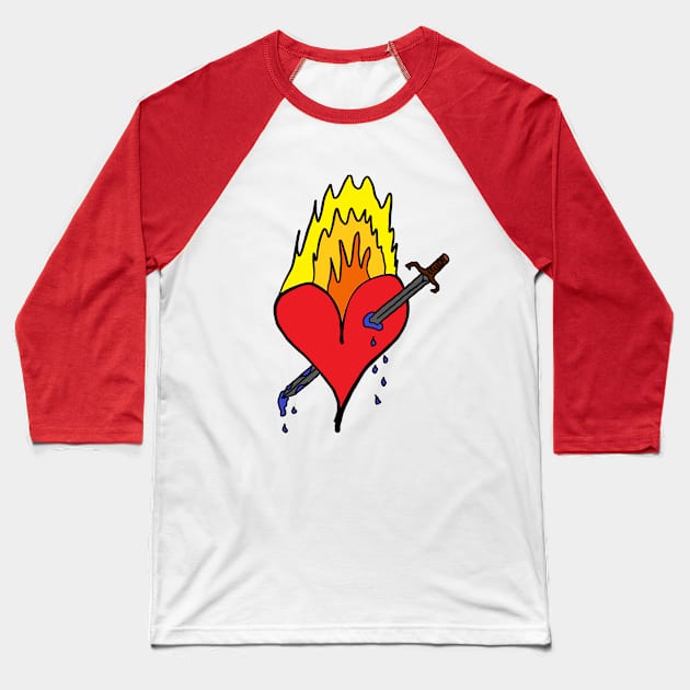 Burning red heart that was bleeding blue by a sword that ripped it! A cute, pretty, beautiful red heart drawing which is burning and ruptured by sword. Baseball T-Shirt by Blue Heart Design